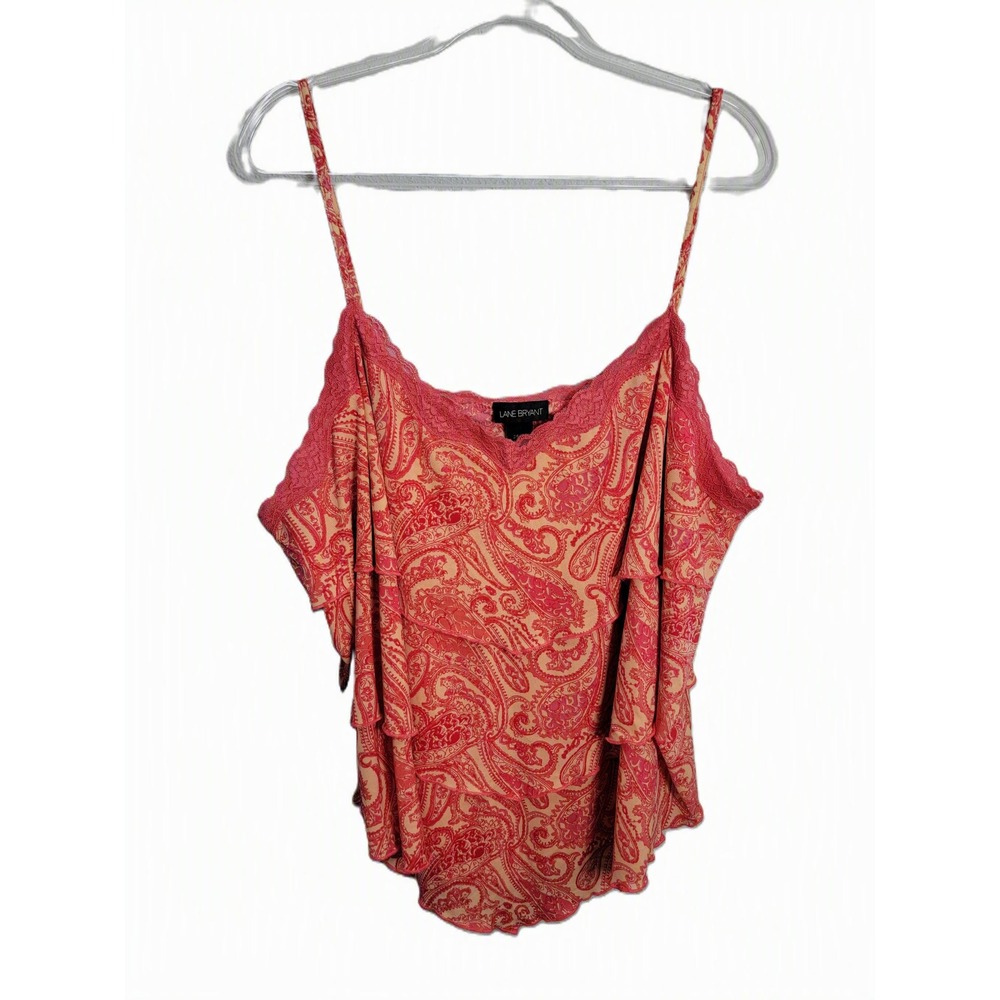Lane Bryant Womens 26/28 Cami Top Pink Paisley Lace‎ Trim Tiered Ruffle Nylon